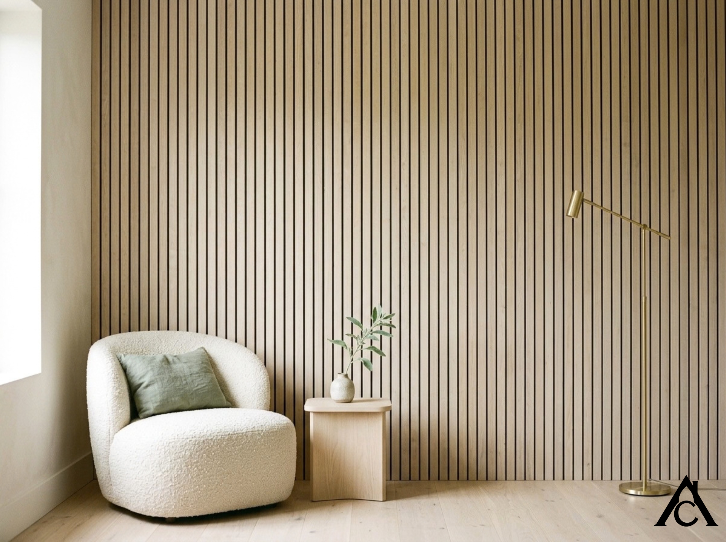 A modern living room corner with a pale white-oak vertical slat accent wall, a cream boucle armchair, a brass floor lamp, and a small side table in soft morning light.