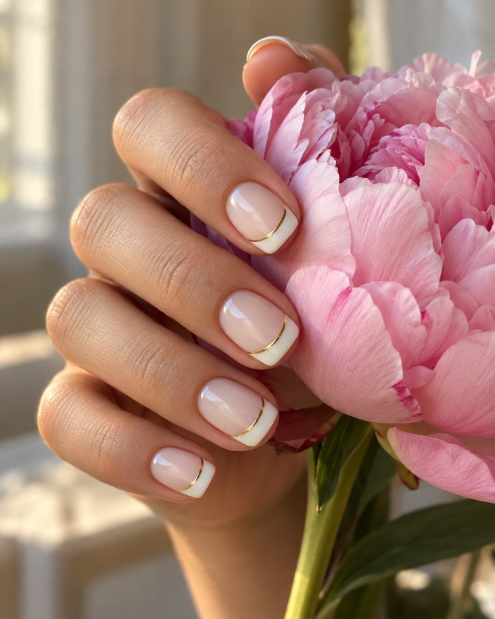 Milky white French tips with a thin gold line