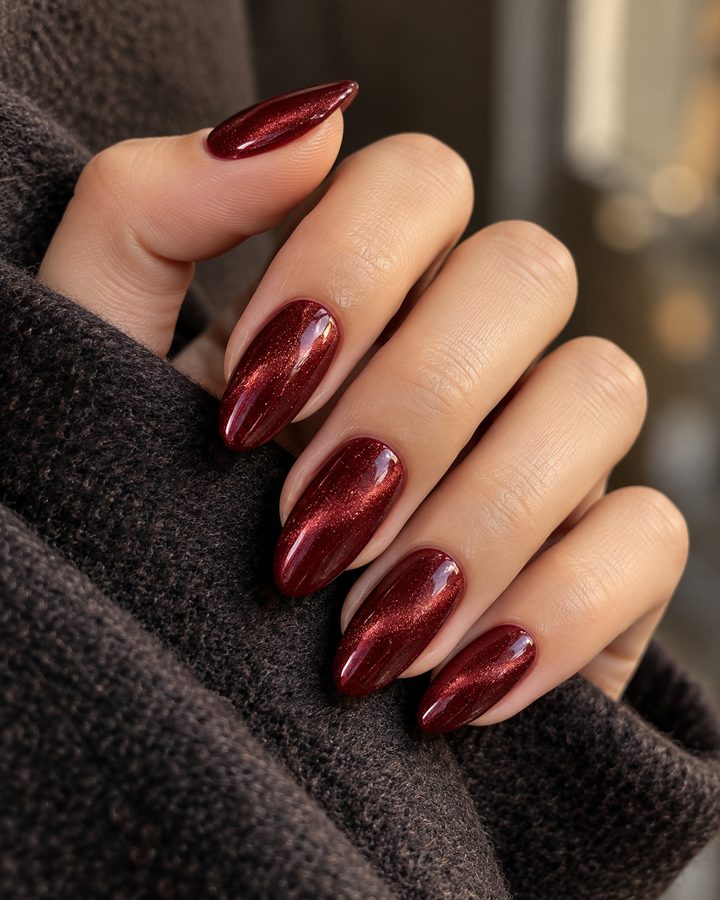 Burgundy cat-eye almond nails