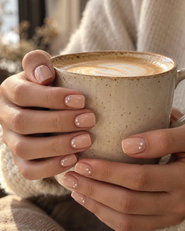 Short nude nails with tiny pearl accents