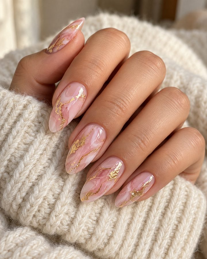 Pink marble almond nails with gold foil