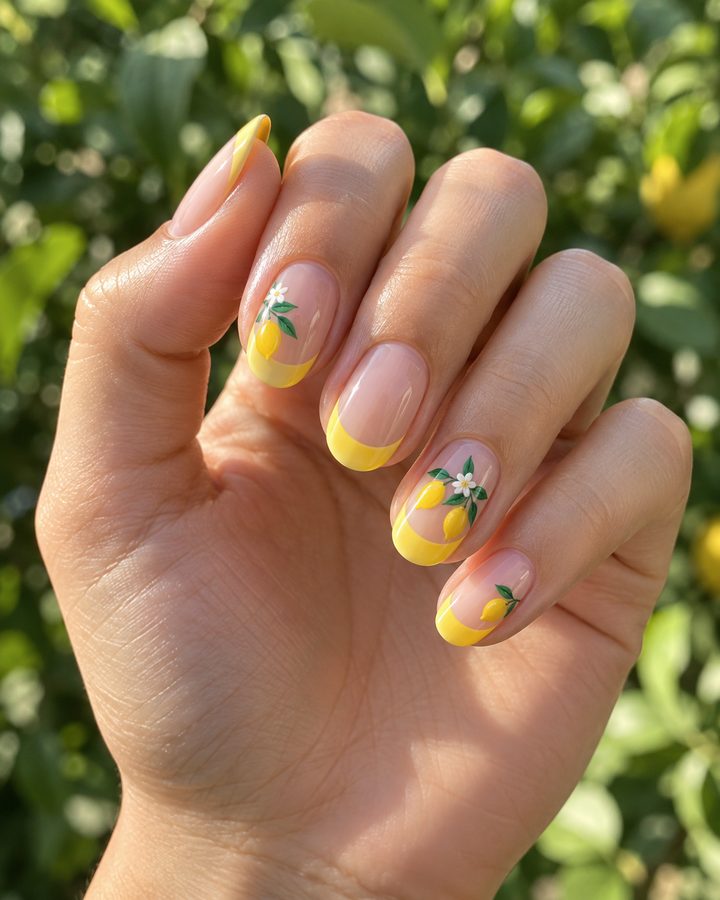 Yellow French tips with hand-painted lemons