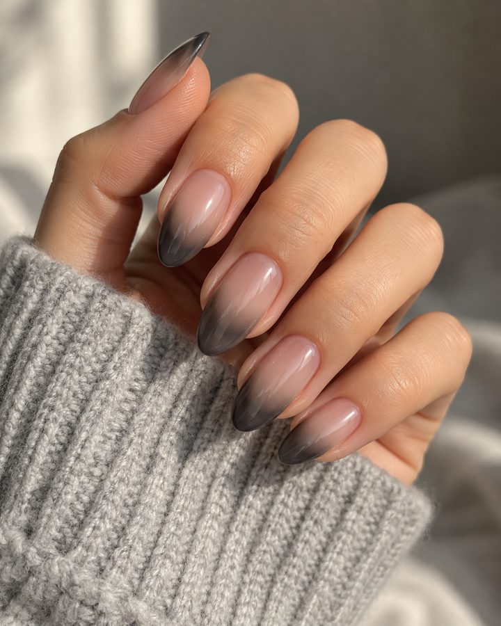 Smoky grey smoked French almond nails