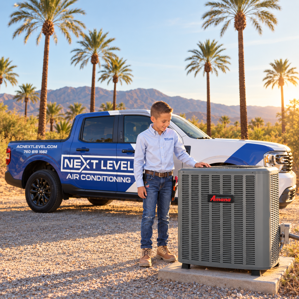 Next Level Air Conditioning technician working on an AC unit in Palm Desert
