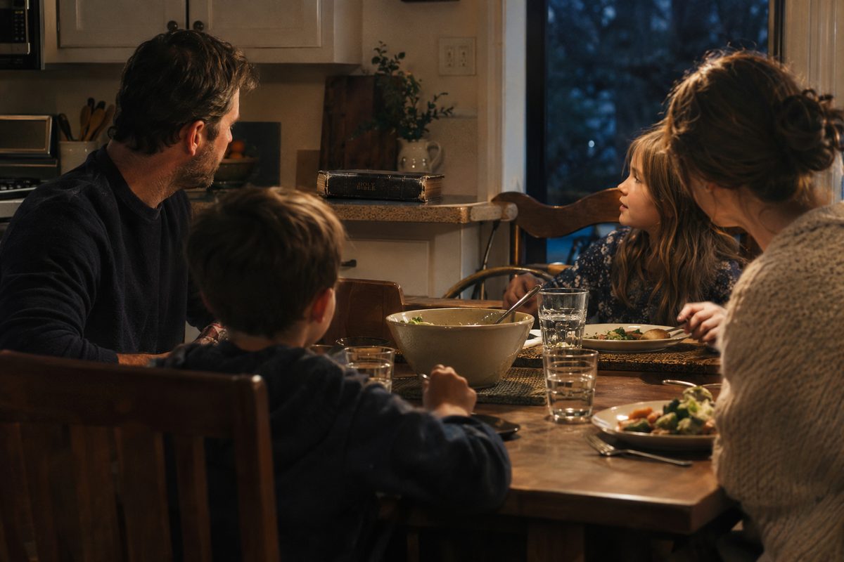 A family table set for an evening meal.