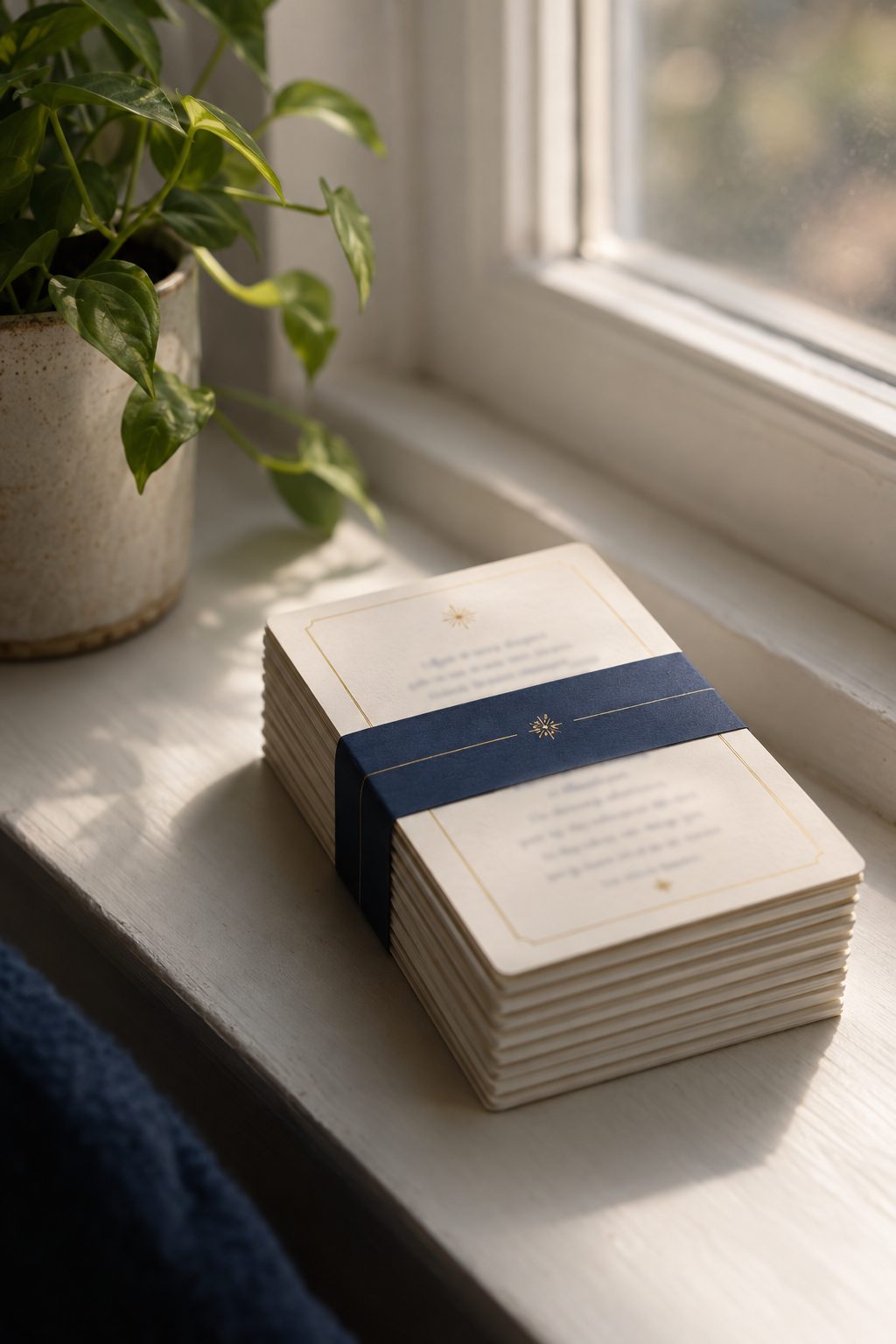 A banded set of cream and navy prayer cards on a sunlit windowsill.