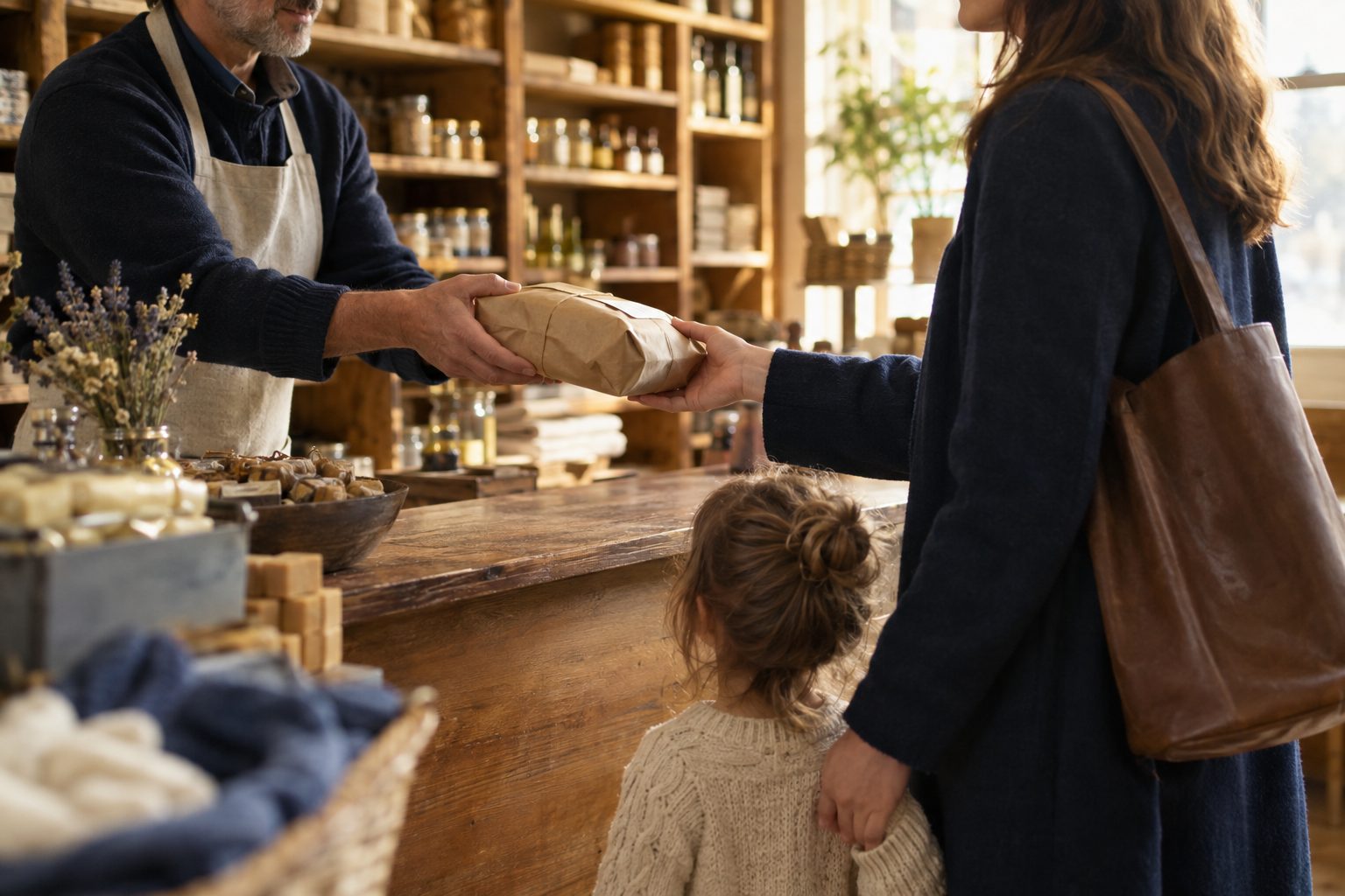 A shopkeeper hands a paper-wrapped parcel to a mother holding her young daughter's hand.