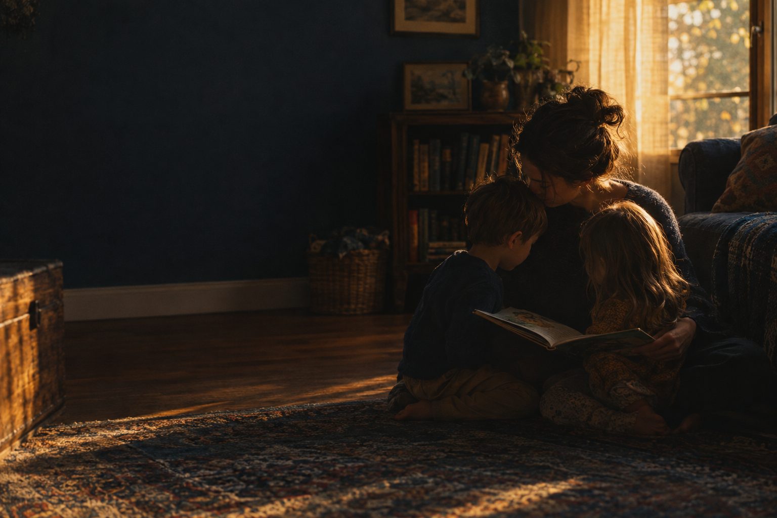 A family reading together on the floor of a living room in late afternoon light.