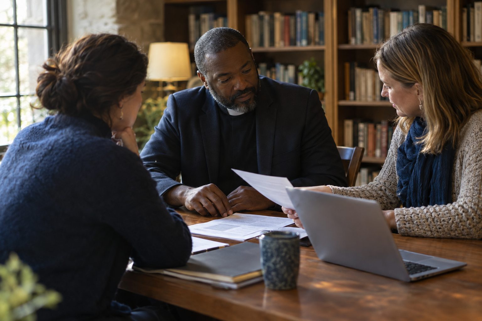 A pastor and two women review documents together around a library table.