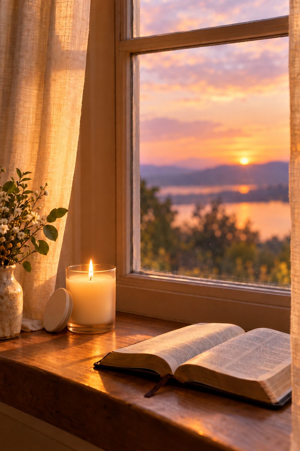 A lit glass jar candle and an open Bible on a sunlit windowsill at dusk.