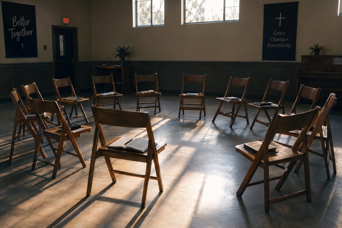 Parents and teenagers seated in a circle in a church hall.