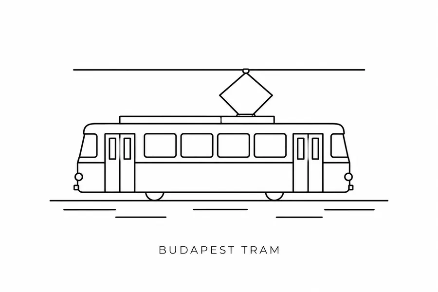 Flash tattoo design: line drawing of a Budapest tram