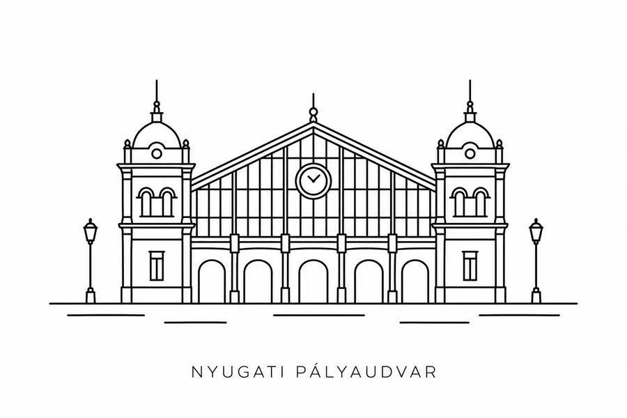 Flash tattoo design: line drawing of Nyugati railway station