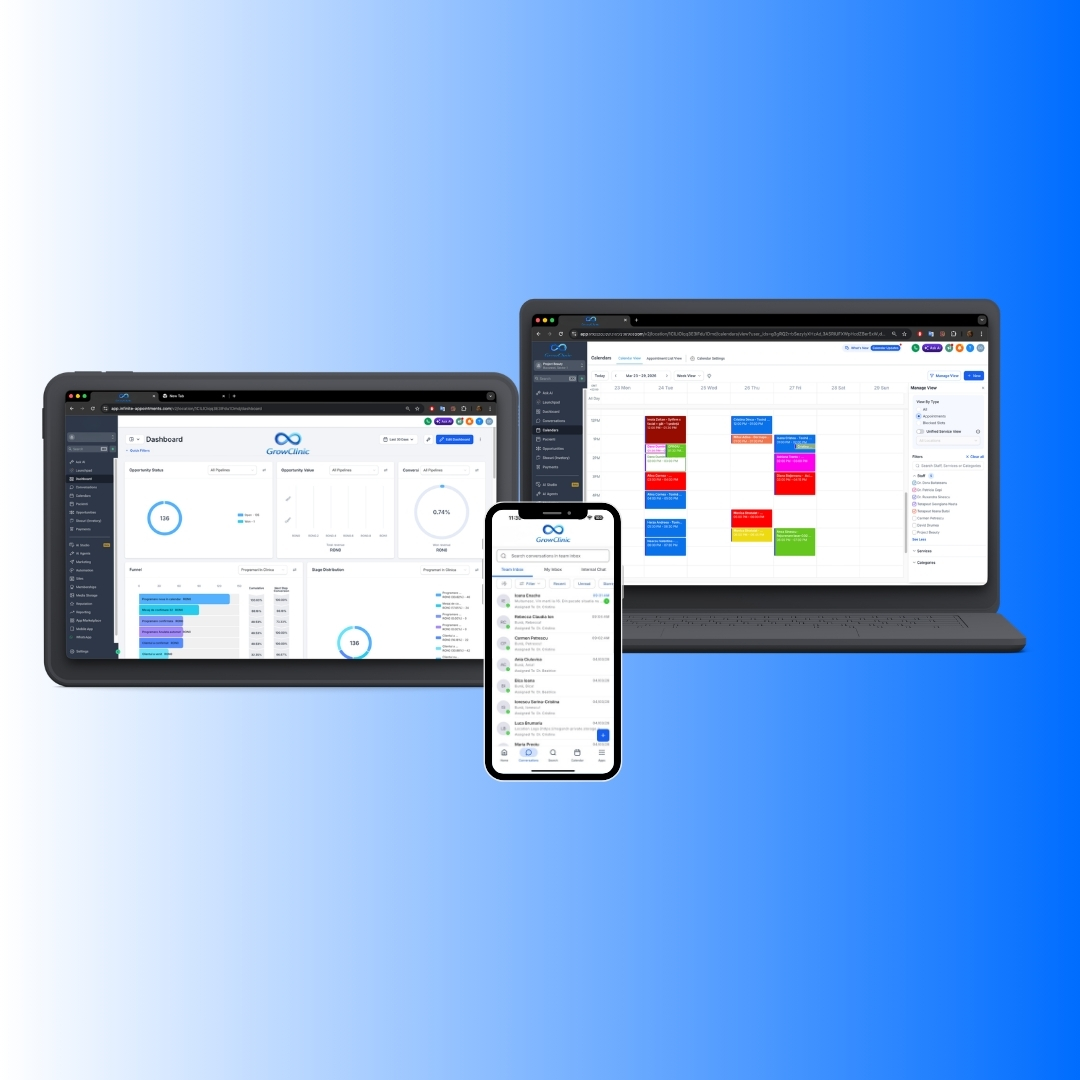 Aplicatie GrowClinic pe web, iPhone si Android — acces de pe orice dispozitiv