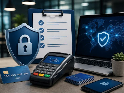 Secure payment processing setup with POS terminal, credit cards, and digital security elements in a modern office