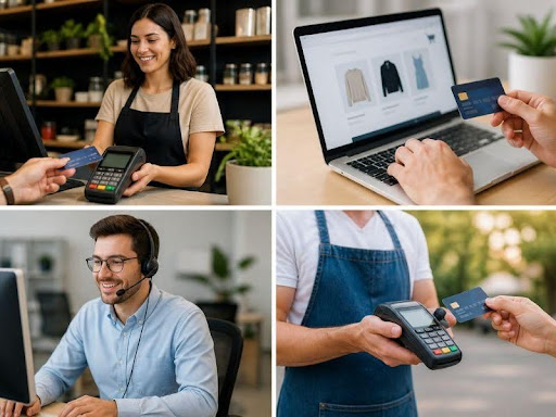 Collage showing retail, e-commerce, phone support, and mobile businesses processing card payments