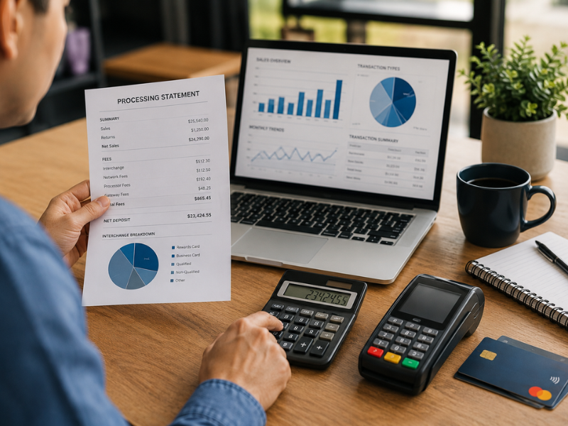 Business owner reviewing payment processing statements, interchange fees, and transaction cost reports on a laptop with calculator, POS terminal, and credit card in a modern office workspace.