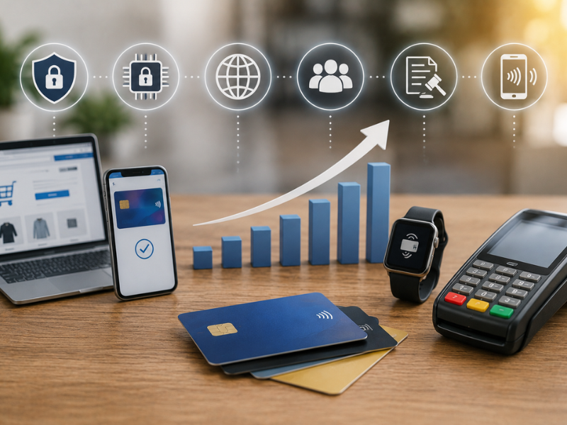 Modern digital payment technology setup featuring contactless credit cards, payment terminal, smartphone wallet, smartwatch payments, and security icons representing changing Visa and Mastercard interchange rates and payment innovations.