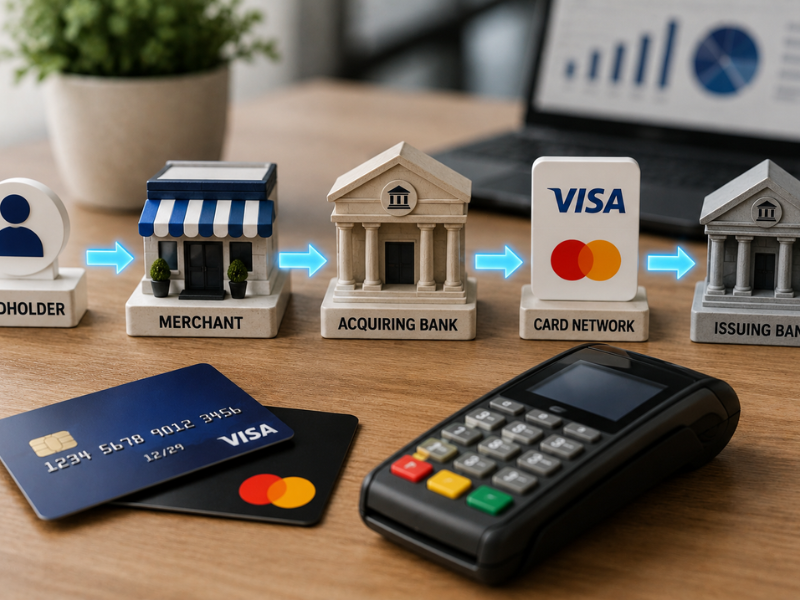 Illustration of the Visa and Mastercard interchange payment process showing the flow between cardholder, merchant, acquiring bank, card network, and issuing bank alongside payment cards and a POS terminal.