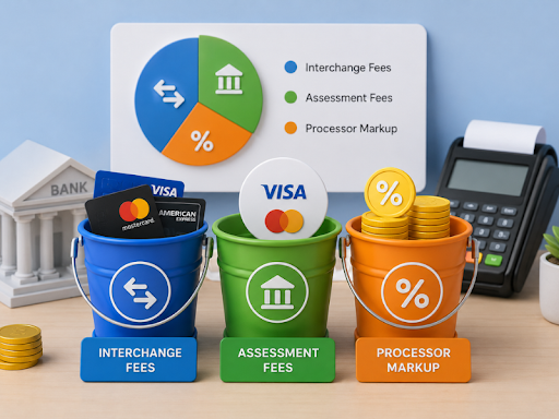 3D illustration explaining credit card processing fees with three colored buckets representing interchange fees, assessment fees, and processor markup, alongside payment cards, coins, POS terminal, and financial chart graphics in a modern business setting.
