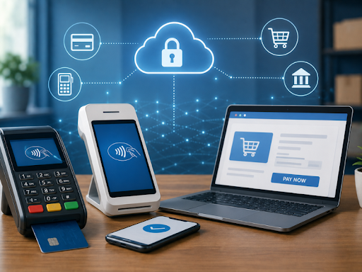 Modern payment processing setup featuring EMV chip readers, contactless payment terminals, smartphone checkout, and e-commerce payment gateway on a laptop, connected through secure cloud-based digital payment technology in a professional office workspace.