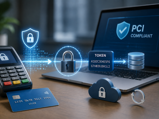 Modern cybersecurity and payment protection illustration showing encrypted credit card processing, tokenization technology, secure cloud storage, PCI compliance, and digital payment security tools with lock icons, payment terminal, and protected transaction data flow.