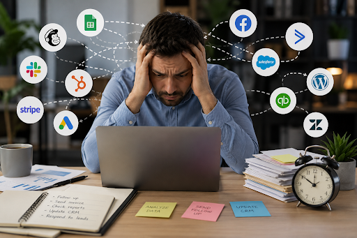Overwhelmed business owner sitting at a desk surrounded by multiple disconnected software platforms and business tools, illustrating the challenges of managing scattered systems, manual tasks, customer data silos, and operational inefficiencies.