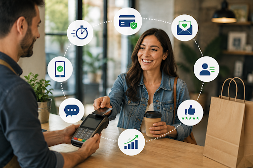 Customer making a contactless payment at a cafe while interacting with staff, representing connected payment systems, seamless customer experiences, faster communication, multiple payment options, and improved customer engagement.