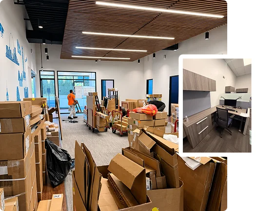 office furniture removal and cleanout project with desks boxes and equipment being cleared from commercial workspace