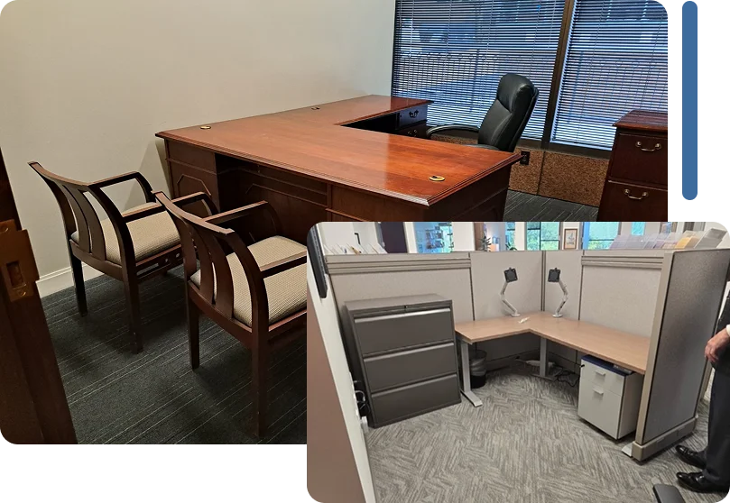A visual comparison of two office setups: a private office with a large wooden desk and two chairs, and a cubicle with a lighter desk and file cabinet.