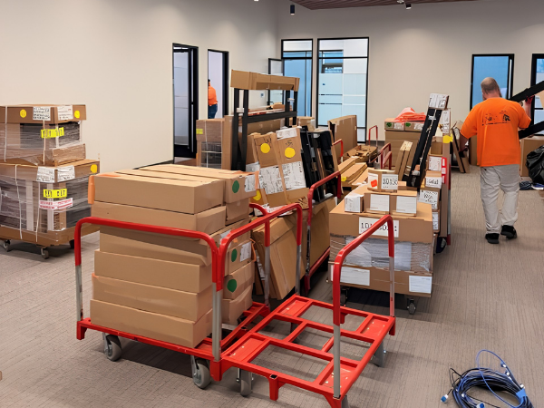 empty office workspace during inventory management and asset tracking process in commercial building