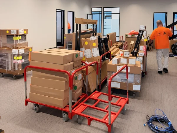 An office space filled with moving boxes on hand trucks and a man in an orange shirt moving items.