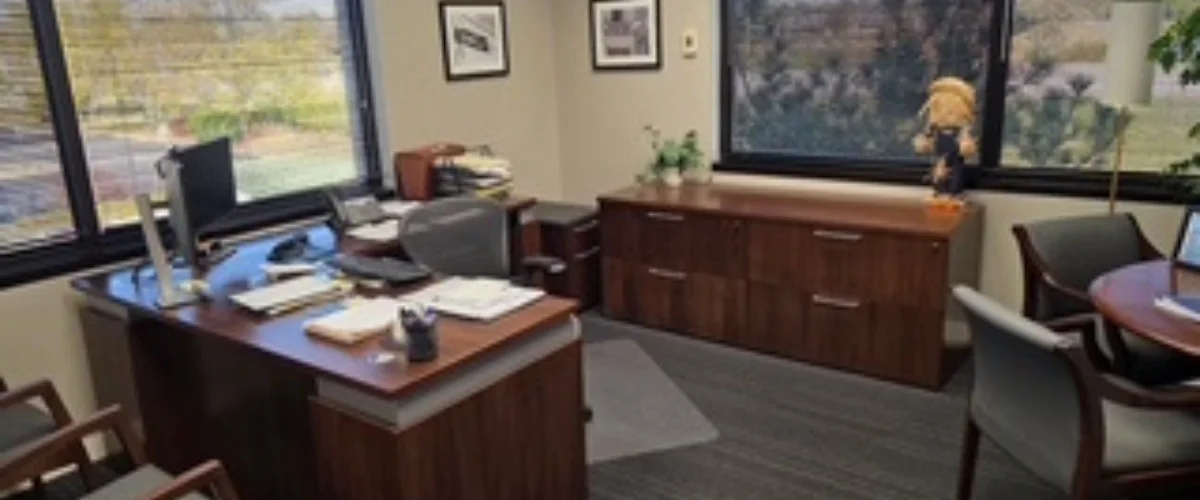 A professional office with a wooden desk, computer, filing cabinet, and a meeting table next to a window. A professional office with a wooden desk, computer, filing cabinet, and a meeting table next to a window.
