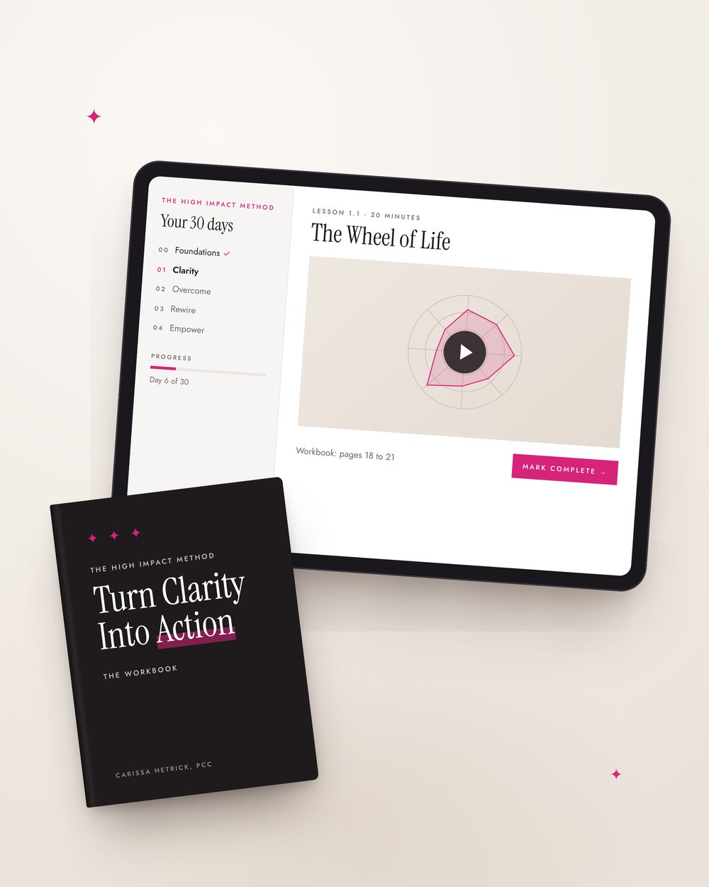 The High Impact Method course on a tablet with The High Impact Workbook