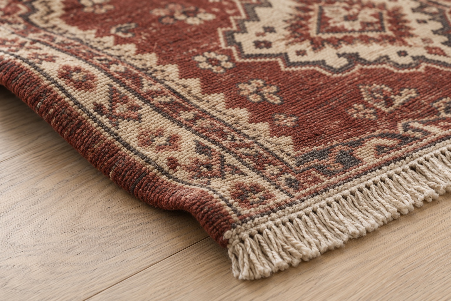 Illustration : texture et franges d’un tapis traditionnel rouge brique et crème