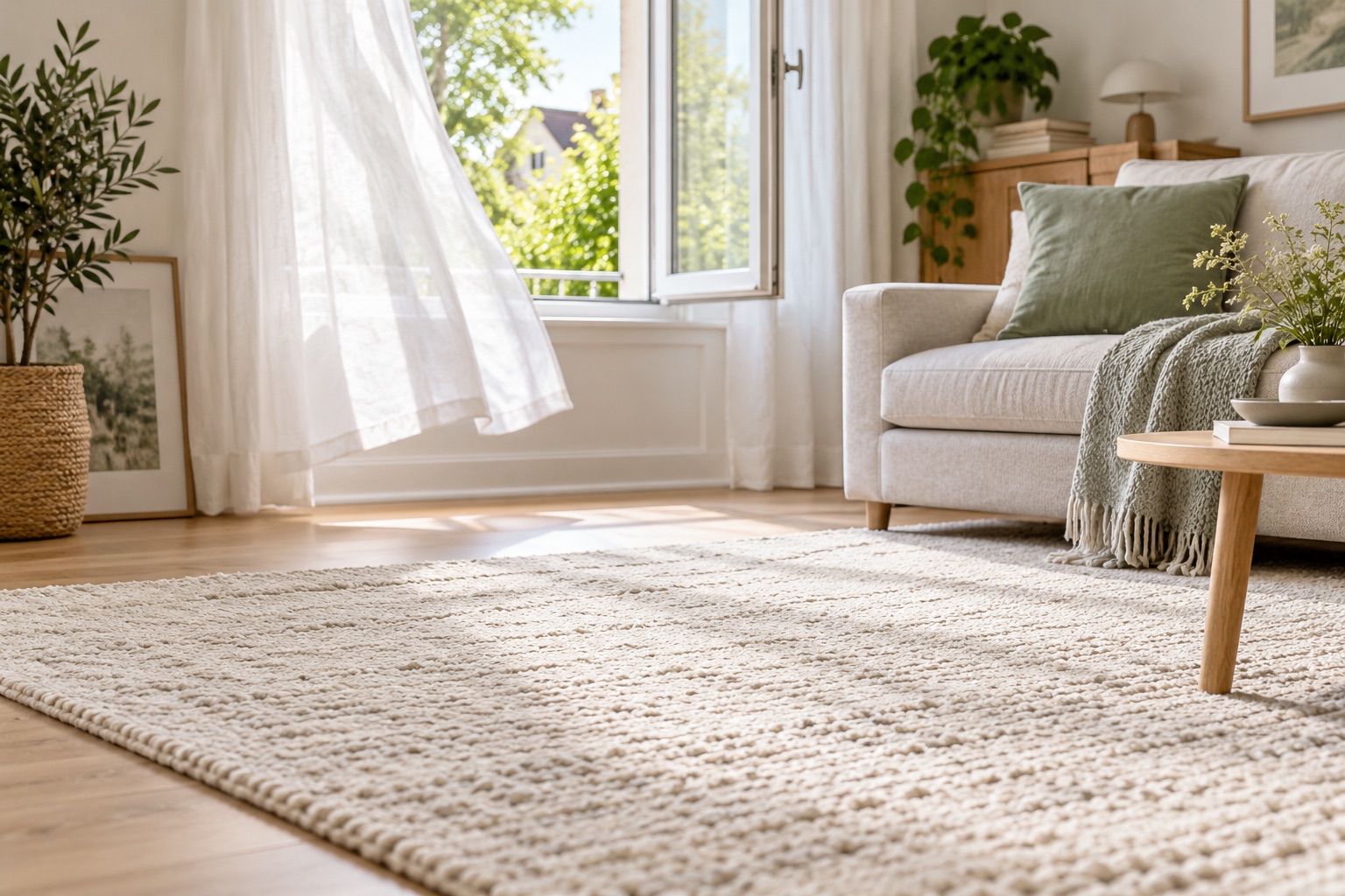 Illustration : tapis clair dans un salon aéré, près d’une fenêtre ouverte