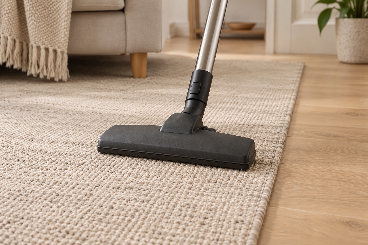 Illustration : embout d’aspirateur sur un tapis beige, sans personne visible