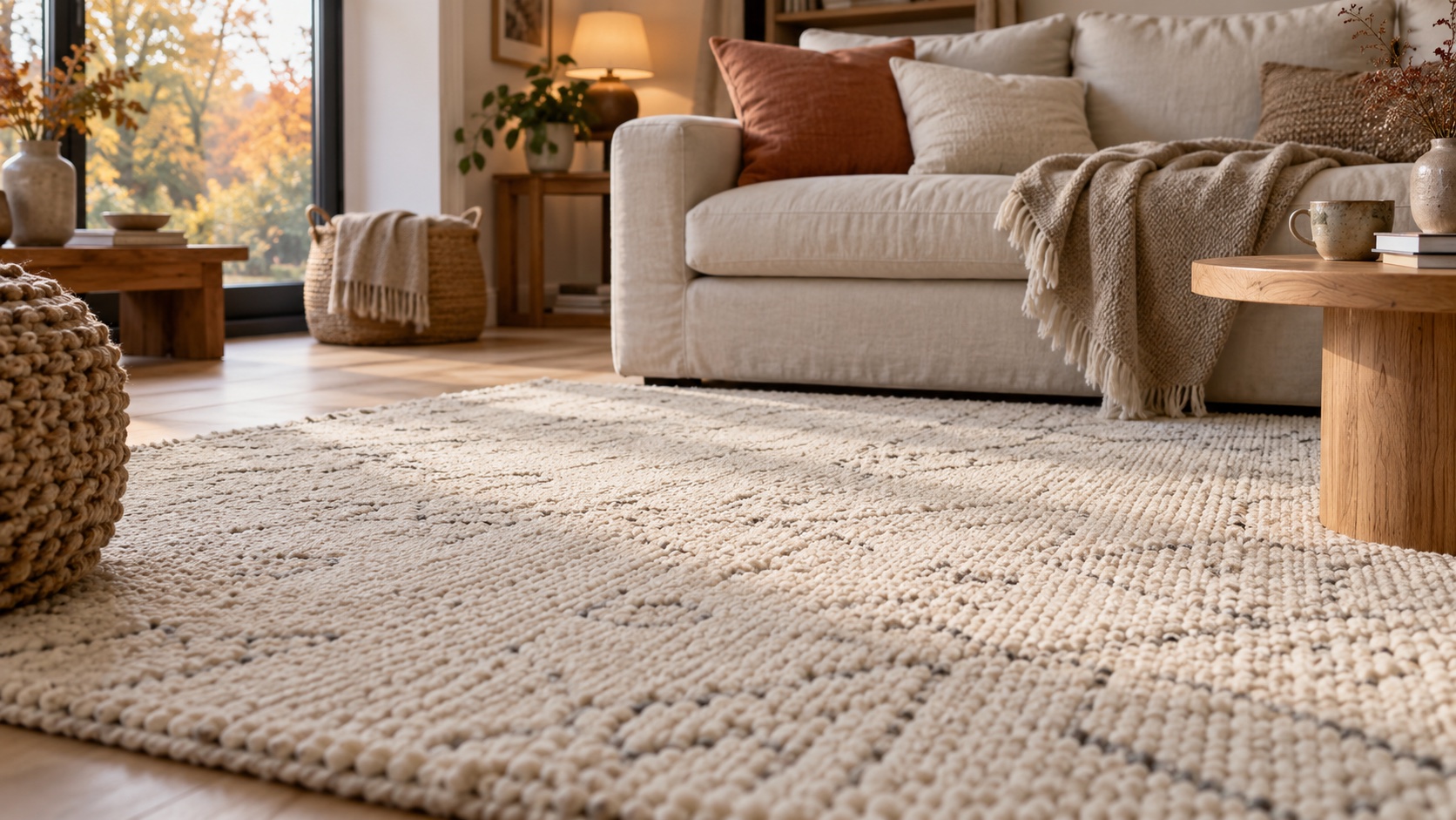 Illustration : tapis crème, canapé et plaid dans un salon accueillant