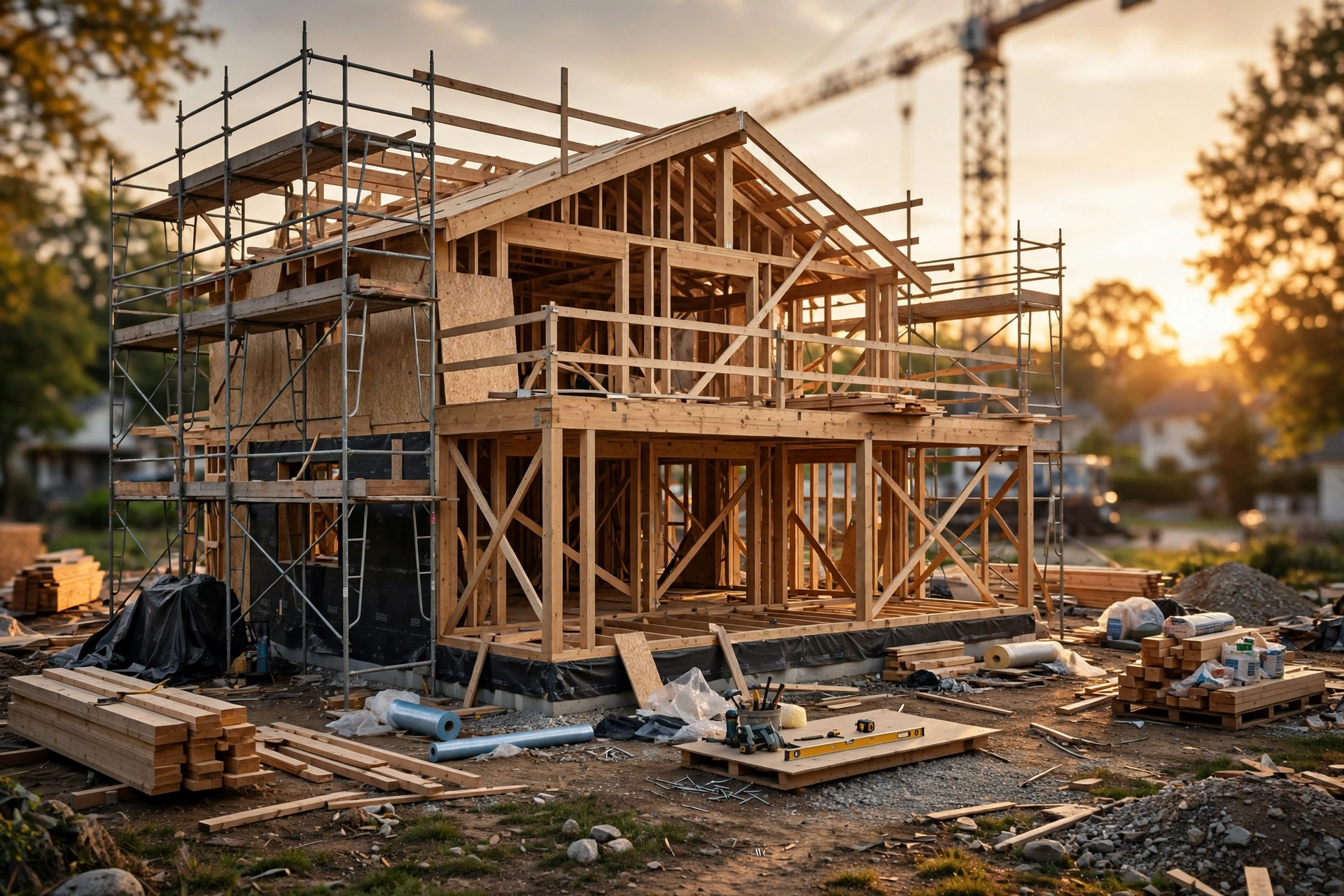A new Georgia home under construction, framed and scaffolded at sunset