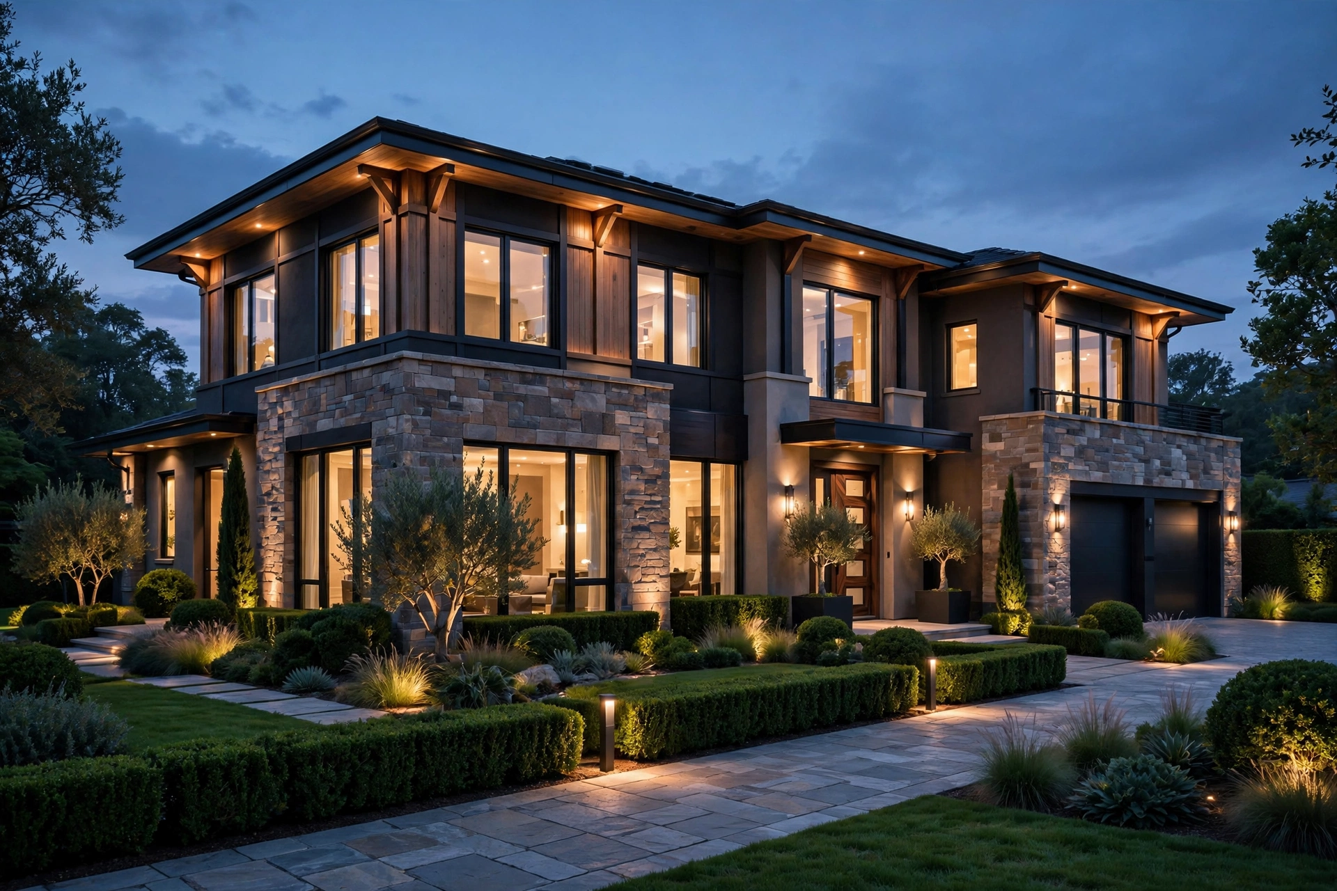 A luxury home exterior at dusk with warm light in the windows