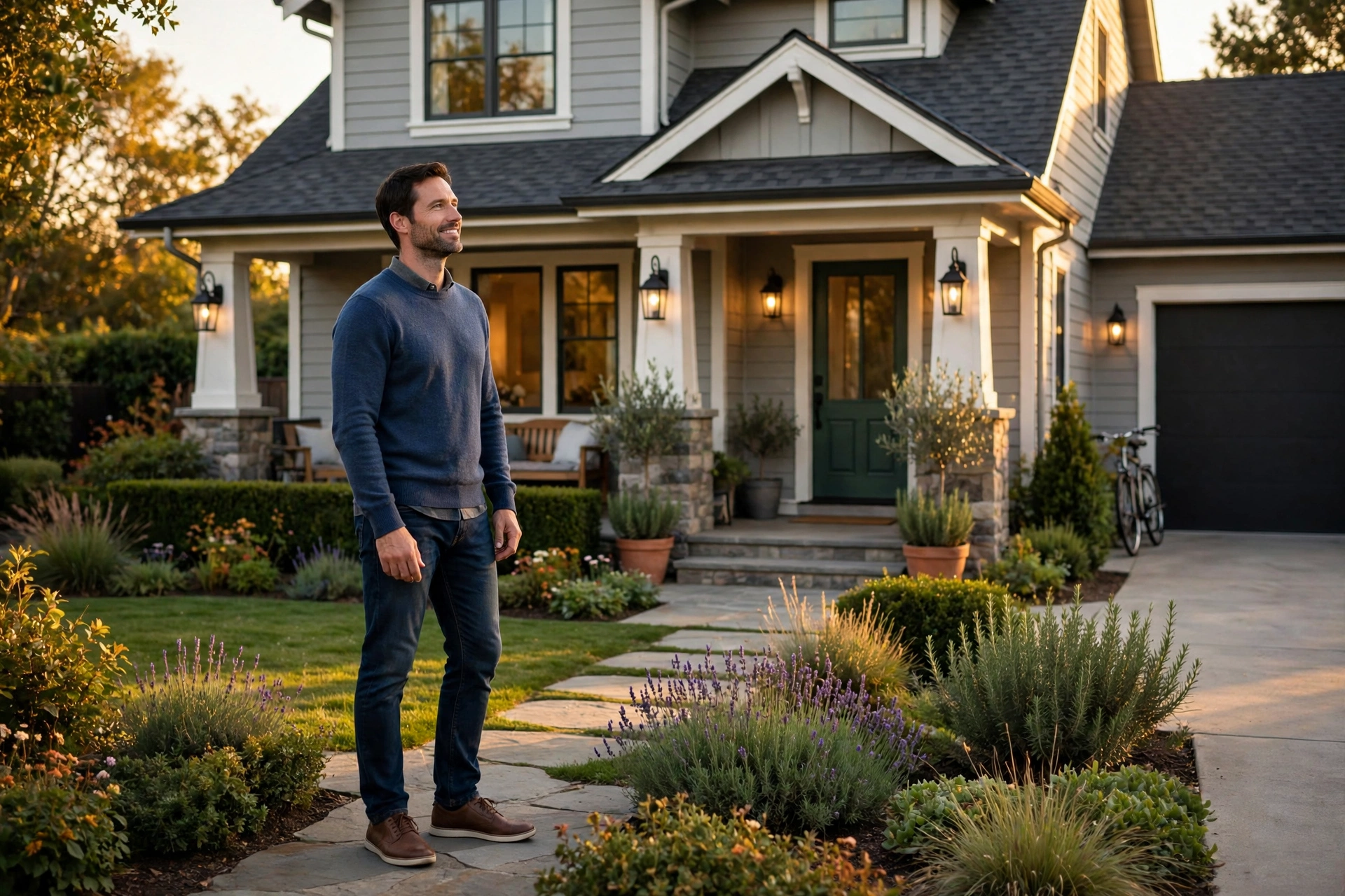 A homeowner standing on the front walk of a craftsman-style rental home