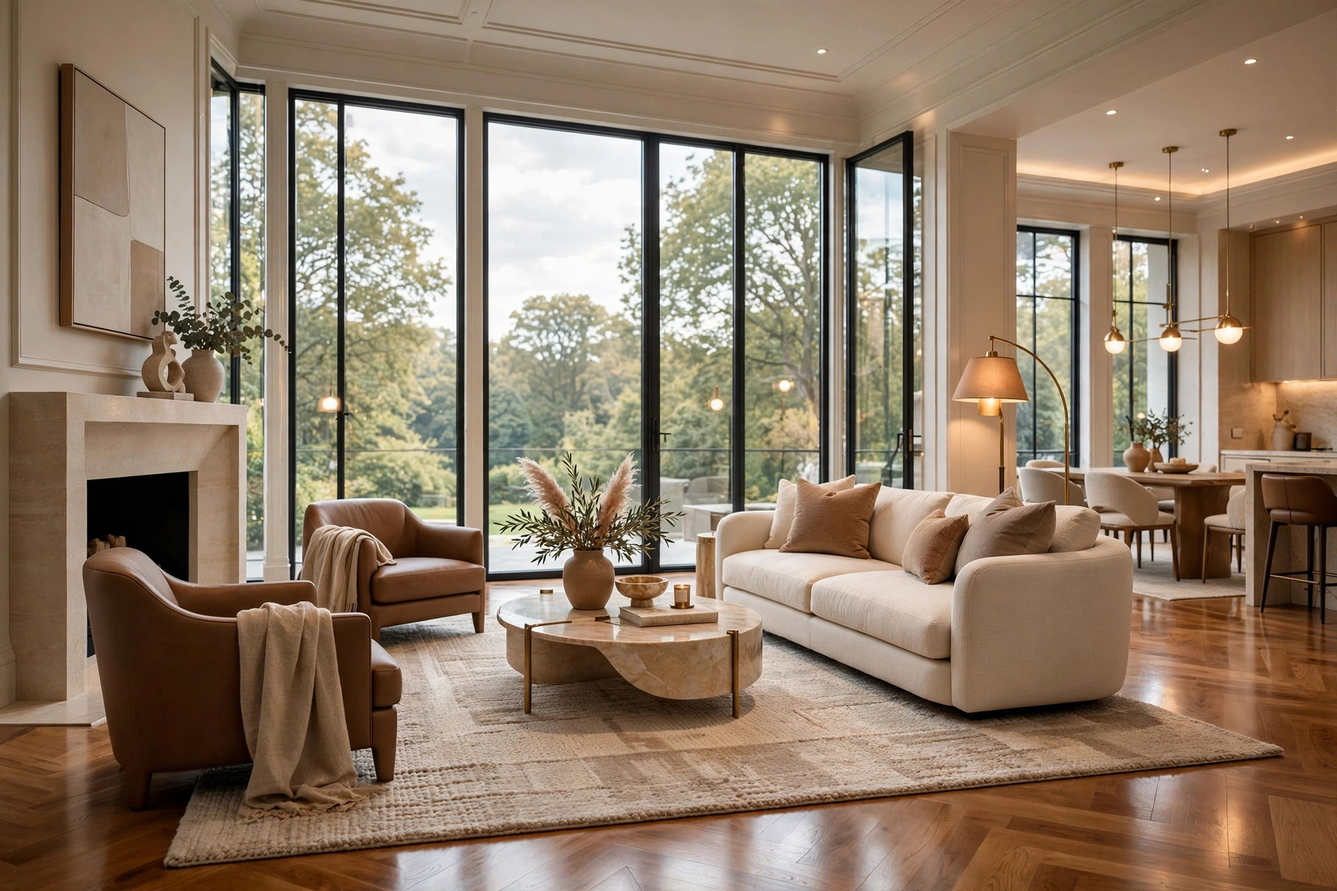 An elegant living room with tall windows, leather chairs, and a marble fireplace