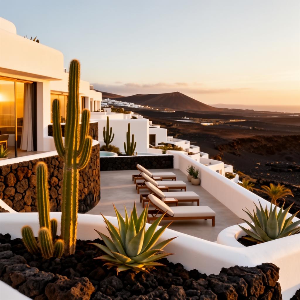Luxury white resort terrace with cacti overlooking Lanzarote's volcanic landscape at sunset