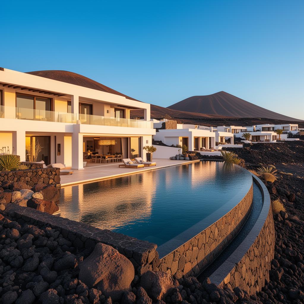 Luxury resort villa with infinity pool set against Lanzarote's volcanic landscape