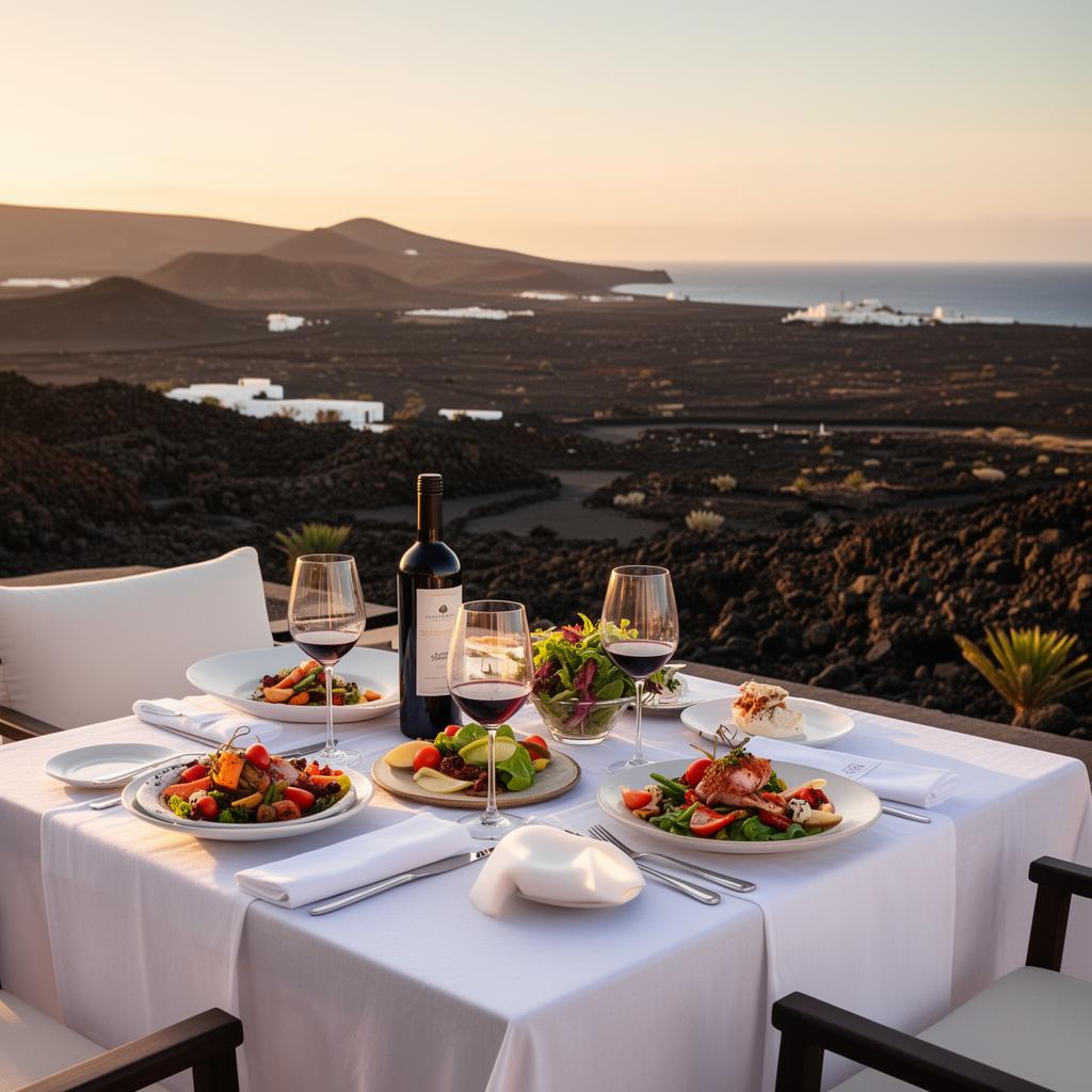 Elegant outdoor dining overlooking Lanzarote's volcanic terrain at sunset