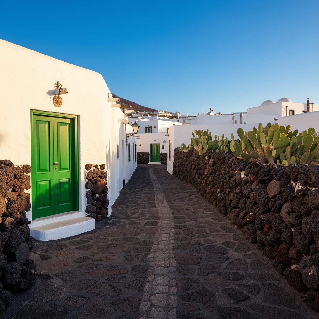 Whitewashed village with green doors and cactus in Lanzarote