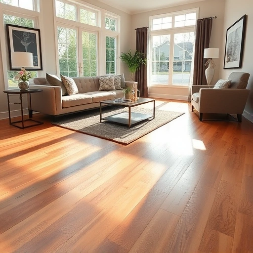 Spacious living room with rich laminate flooring, stylish furniture, and natural light creating a warm ambiance.