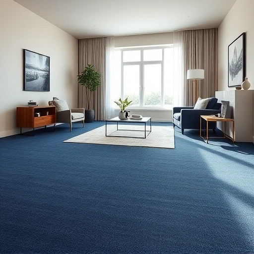 Elegant living room in Pittsfield Township MI featuring deep navy blue carpet, minimalistic furniture, and natural light.