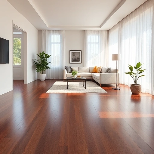 Spacious living area in Shelby Township with polished dark hardwood flooring and modern minimalist decor.