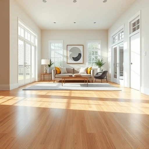 Modern living room in Ann Arbor, MI featuring smooth wood grain sheet vinyl flooring and stylish decor.